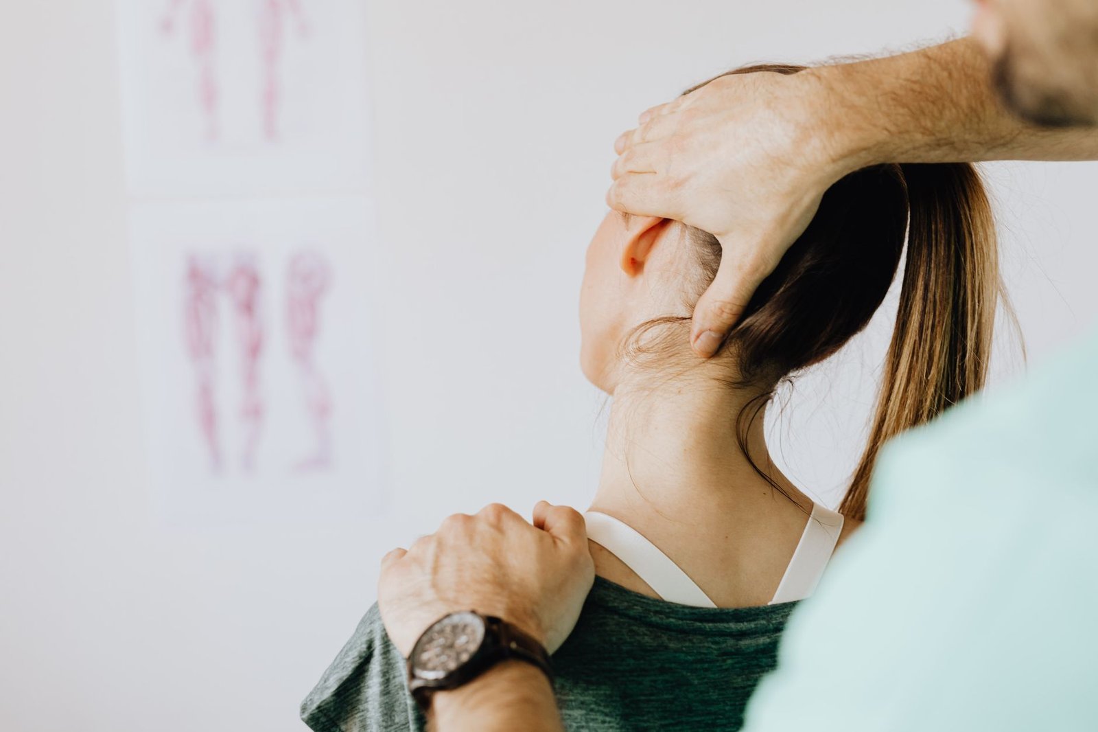 A person supporting one arm while holding the side of the neck, the pattern of pain that travels from neck into arm