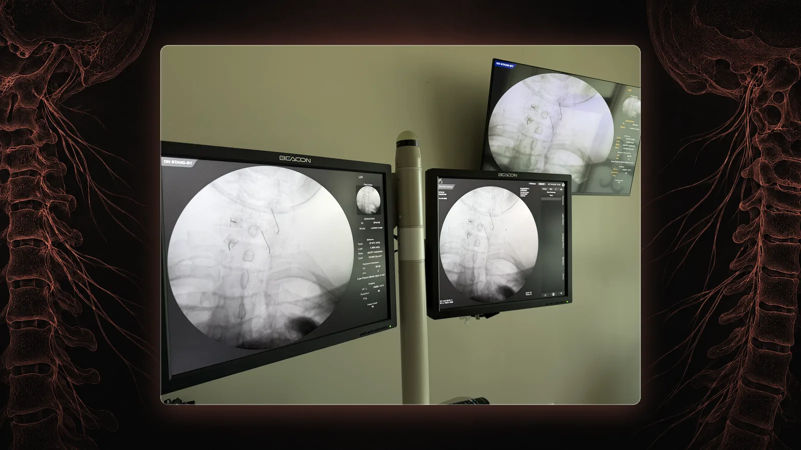 Fluoroscopy monitors in our St. Louis procedure suite during a bilateral cervical medial branch block.